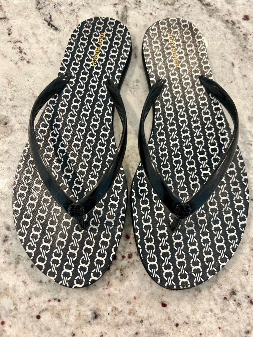 Tory Burch Black & White Logo Pattern Flip Flop Sandals